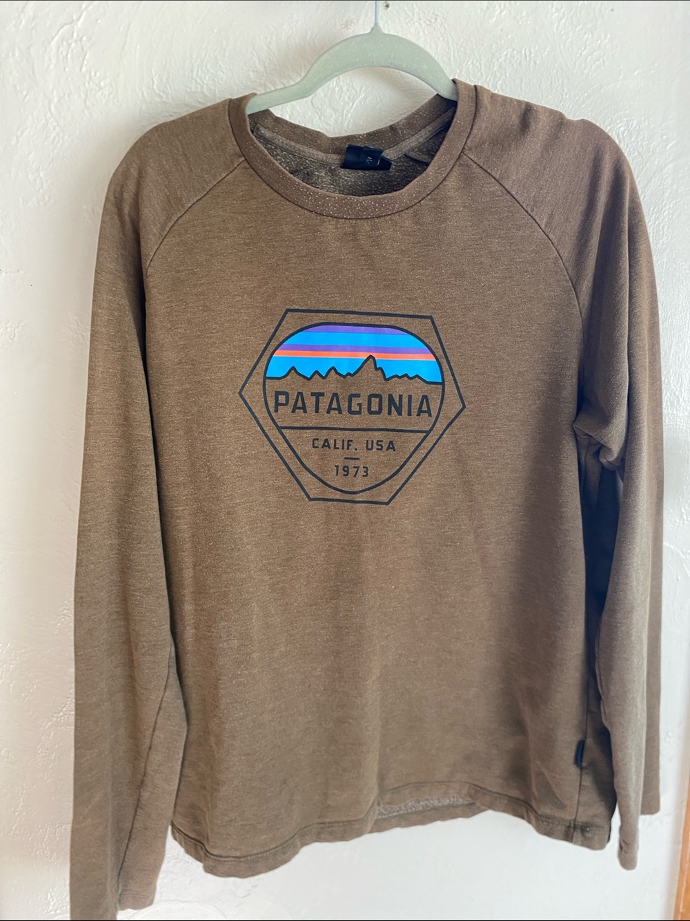 Patagonia Brown Crewneck with Blue & Pink Mountain Logo